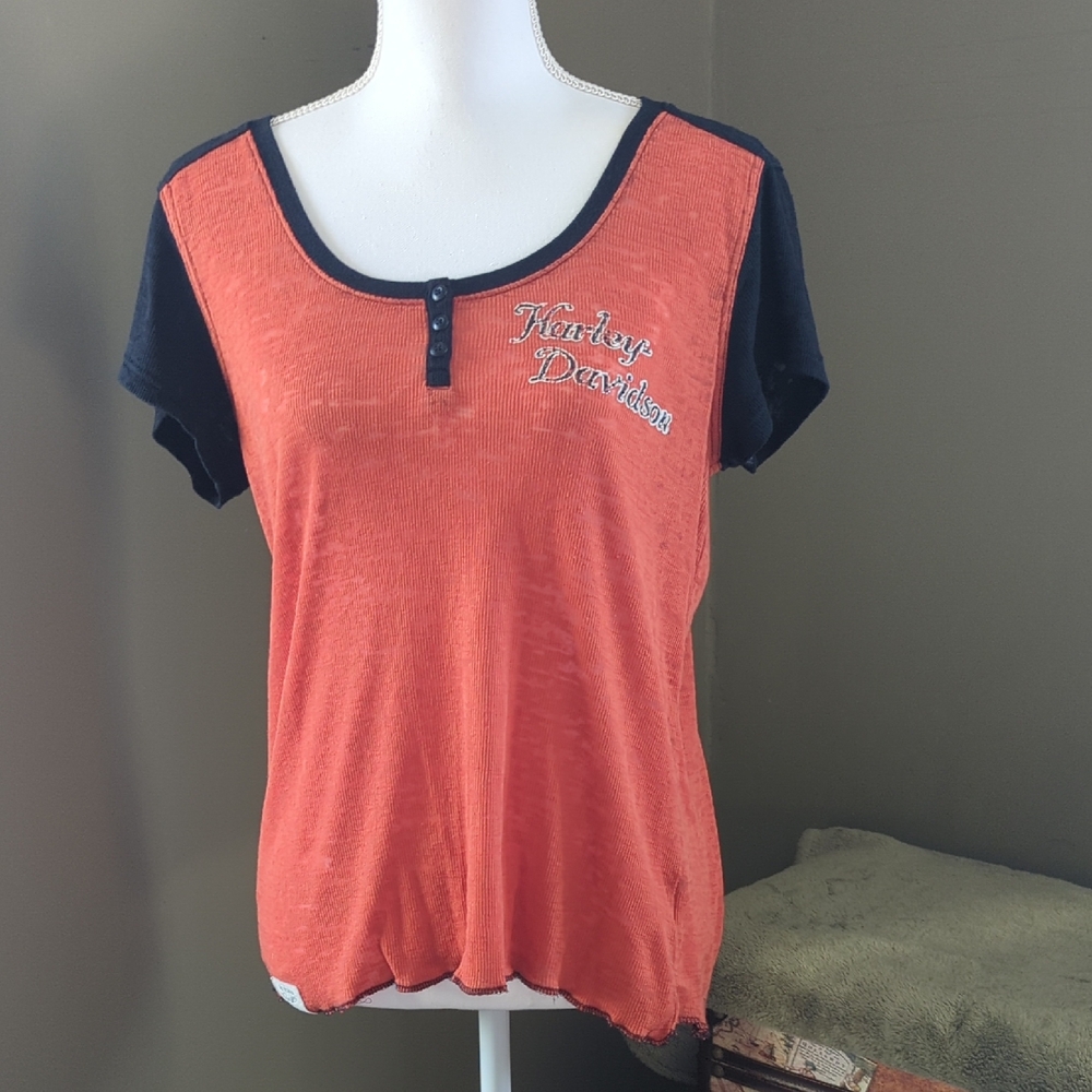 Harley-Davidson Women's Orange and Black Scoop Neck Tee